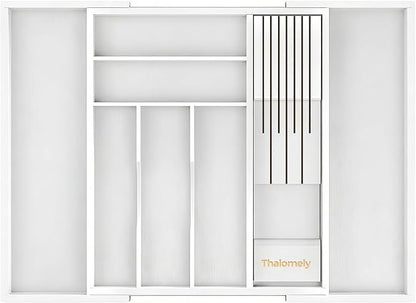 Bamboo Kitchen Drawer Organizer, Expandable Silverware Organizer with Removable Knife Block, 6-8 Slots- Utensil Holder & Cutlery Tray Drawer Dividers, 2.36" Deep for Extra Capacity, White