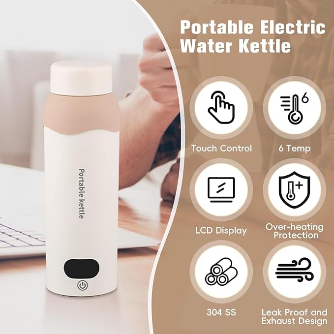 Travel Electric Kettle Small 304 Stainless Steel Portable Kettle with Automatic Shut Off & 6 Temperature Control for Coffee/Tea/Milk, 450mL Mini Hot Water Boiler