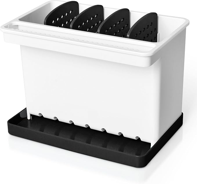 JOMOLA Kitchen Sink Organizer Dish Brush Sponge Holder Caddy Toothbrush Holders for Bathrooms Sinkware Kitchen Utensil Holder Sink Caddy Organizer with 4 Separate Dividers Removable Drain Tray (Black)