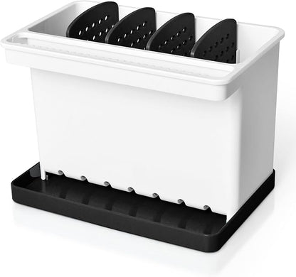 JOMOLA Kitchen Sink Organizer Dish Brush Sponge Holder Caddy Toothbrush Holders for Bathrooms Sinkware Kitchen Utensil Holder Sink Caddy Organizer with 4 Separate Dividers Removable Drain Tray (Black)