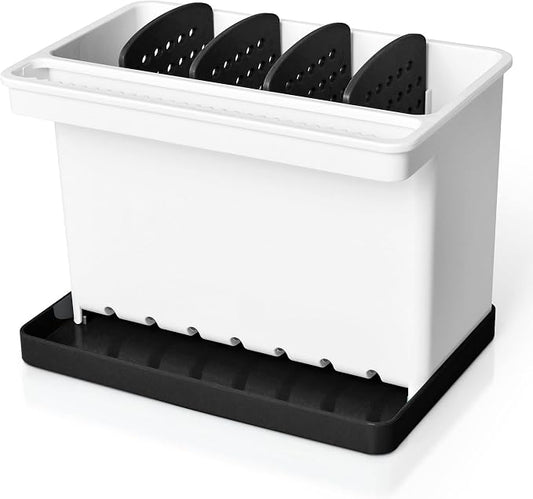 JOMOLA Kitchen Sink Organizer Dish Brush Sponge Holder Caddy Toothbrush Holders for Bathrooms Sinkware Kitchen Utensil Holder Sink Caddy Organizer with 4 Separate Dividers Removable Drain Tray (Black)