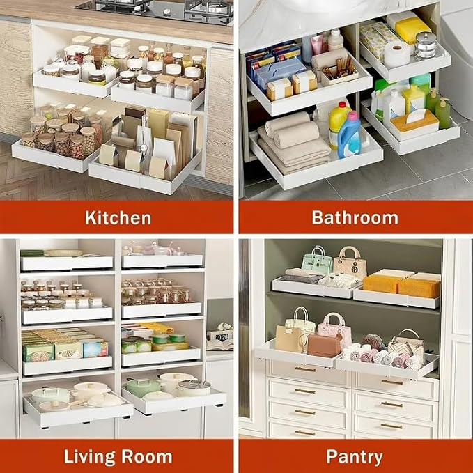 2 Pack Expandable (13.5''-21'') Pull Out Cabinet Organizer, 21" Deep Pull Out Drawers for Kitchen, Bathroom,Pantry, Under Sink Storage, Heavy Duty Slide Out Drawers Upgraded 3 Slide Rails (White)