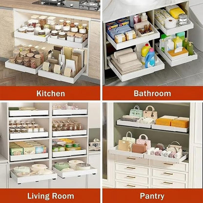 2 Pack Expandable (13.5''-21'') Pull Out Cabinet Organizer, 21" Deep Pull Out Drawers for Kitchen, Bathroom,Pantry, Under Sink Storage, Heavy Duty Slide Out Drawers Upgraded 3 Slide Rails (White)
