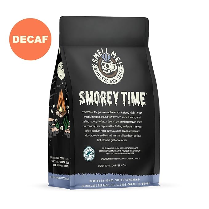 Bones Coffee Company Decaf S'morey Time, S'mores and Graham Crackers Decaffeinated Flavored Coffee, Medium Roast Low Acid Arabica Beans For Auto drip and French Press Coffee Maker, 12 Oz Whole Bean