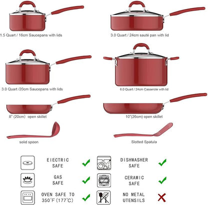 Amazon Basics Non-Stick Cookware Set, Pots and Pans with Lids, Aluminum, Dishwasher Safe, Oven Safe, Red, 12-Piece