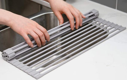 Surpahs 20.5 x 13.1 Inch Roll-Up Dish Drying Rack, Fits Across Sink Openings up to 19.5 Inches, Heavy-Duty Premium Silicone, Strong Support, Non-Slip, Heat-Resistant, Warm Gray