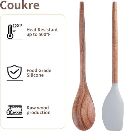 Wooden Spoons Cooking 1pcs Wooden Spoons For Cooking and 1pcs Silicone Spatula Acacia Cooking Spoon Wooden Non-Stick Wood Utensil Silicone Scraper Spatula, Kitchen Utensils Cooking Spoon for Serving