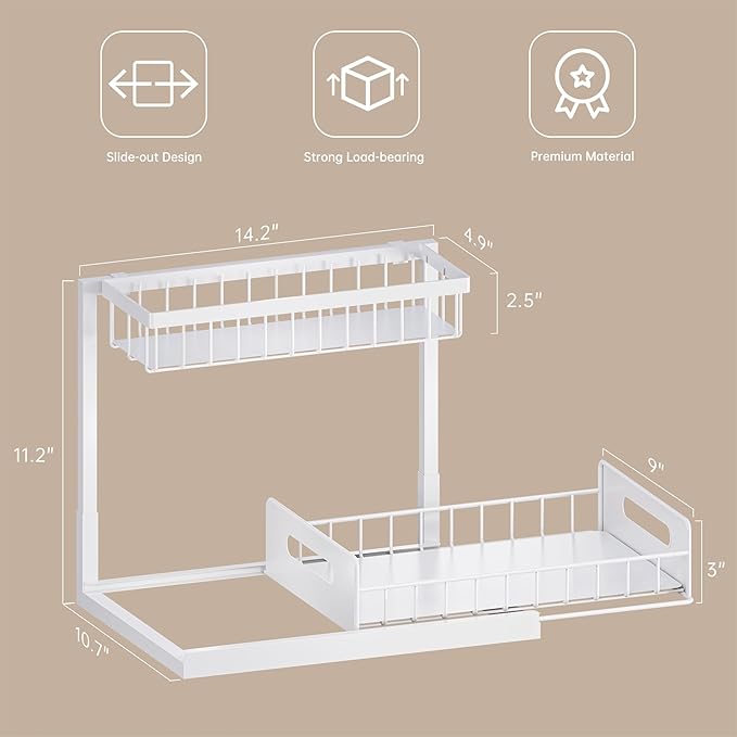 Under Sink Organizer and Storage, Slide Out Cabinet Organizer, Pull Out Sink Shelf for Kitchen Bathroom Laundry, White, 1 Pack