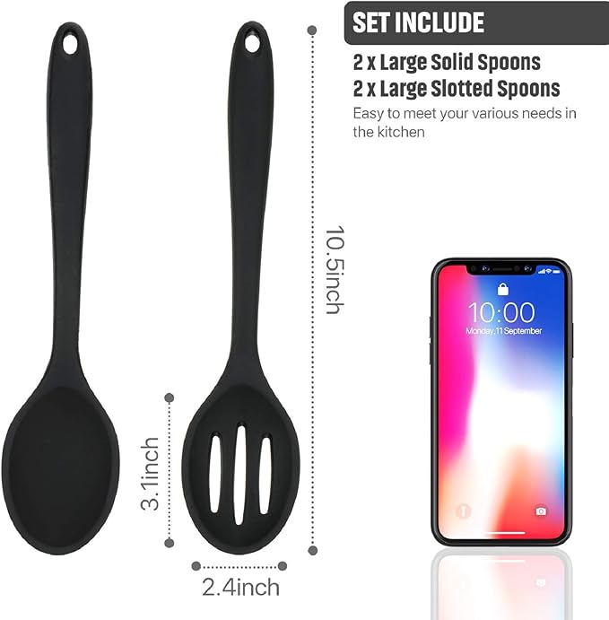 Boao 4 Pcs Silicone Spoons for Cooking 10.6 Inch Large Nonstick Serving Spoons Heat Resistant Slotted Spoon for Mixing & Stirring Kitchen Cooking Utensils, Dishwasher Safe(Black)