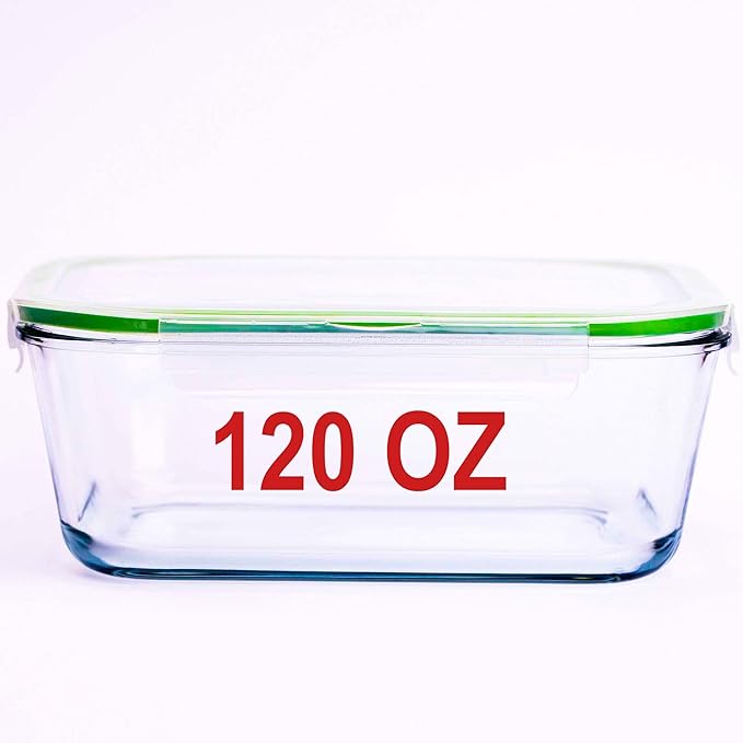 AGTRADE 120 oz Large Glass Food Storage Containers with Airtight Lids 3.5 L Family Size Extra Large Bakeware Marinating Lock Baking Dish Container Glass Bowls Rectangle