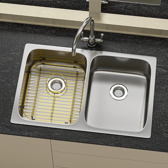 Bottom of Gold Sink Protector Rack, Stainless Steel 13.2" L X 11.6" W Sink Grid Dish Drying Rack Grate with Rear Drain Hole