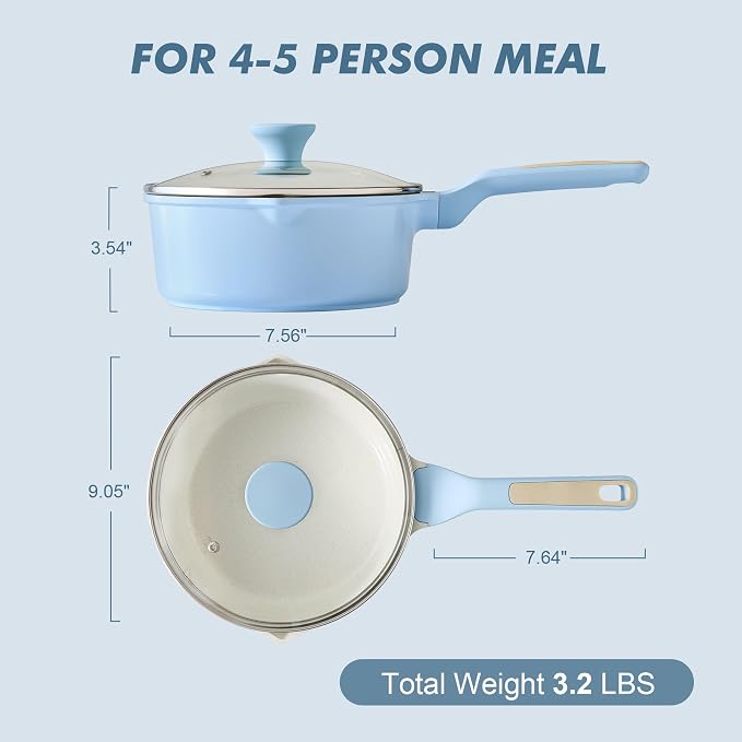 SENSARTE Ceramic Nonstick Saucepan with Double Pouring Spout 3.0 Quarts, Cooking Pot with Stay Cool Handle, Induction Compatible, Ceramic Coating, Free of Intentionally Added PFOA/PFAS, Blue
