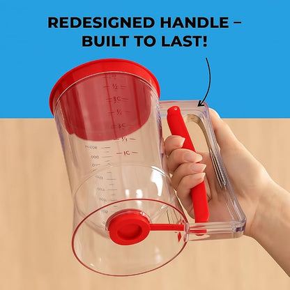 Pancake Batter Dispenser - Kitchen Must Have Tool for Perfect Pancakes, Cupcake, Waffle, Muffin Mix, Cake & Crepe - Easy Pour Baking Supplies for Griddle - Pancake Maker with Measuring Label (Red)