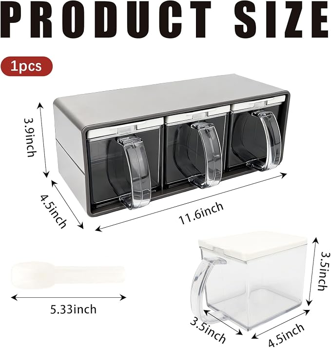 3 Grids Seasoning Organizer Box, Stainless Steel Spice Containers with Lid and Spoon, Storage Rack for Salt, Sugar, Pepper, Spices, Suitable for Home Kitchen and Cafe Use