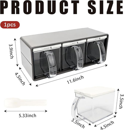 3 Grids Seasoning Organizer Box, Stainless Steel Spice Containers with Lid and Spoon, Storage Rack for Salt, Sugar, Pepper, Spices, Suitable for Home Kitchen and Cafe Use