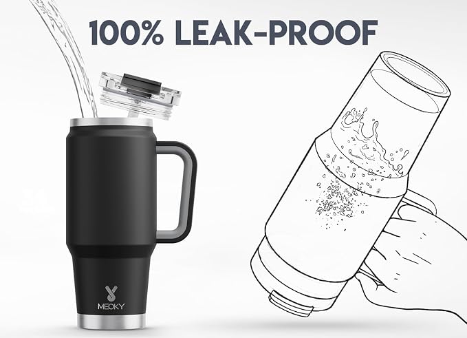 Meoky 32 oz Tumbler with Handle, Insulated Tumbler with Lid and Straw, Stainless Steel Travel Mug, Keeps Cold for 24 Hours, 100% Leak Proof, Fits in Car Cup Holder (Night)
