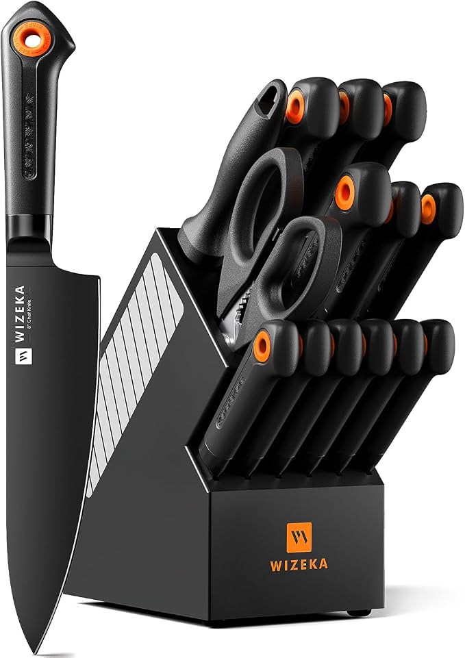 WIZEKA Kitchen Knife Block Set: 15 Pieces Dishwasher Safe Knives Set for Kitchen, Ultra Sharp Black Knife Set With Sharpener, Non-Slip Handle, Anti-Rust Coating, Dark Vision Series, Fathers day