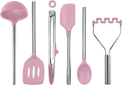 Tovolo Silicone Cooking Utensil Set of 6 Pink Sorbet Ladle Slotted Turner Tongs Flex Core Spatula Scraper Mixing Spoon and Potato Masher, Dishwasher Safe BPA Free Silicone Kitchen Utensils