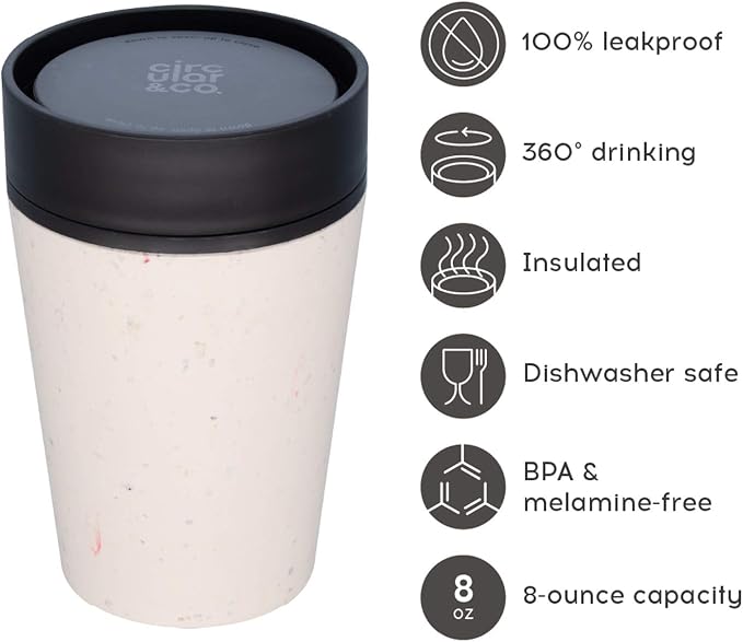 Circular and Co Leakproof Reusable Coffee Cup 8oz/227ml - The World's First Travel Mug Made from Recycled Coffee Cups, 100% Leak-Proof, Sustainable & Insulated. (Cream & Cosmic Black)