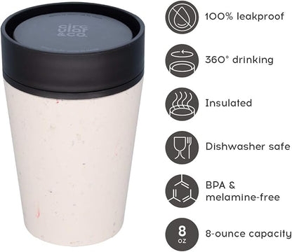 Circular and Co Leakproof Reusable Coffee Cup 8oz/227ml - The World's First Travel Mug Made from Recycled Coffee Cups, 100% Leak-Proof, Sustainable & Insulated. (Cream & Cosmic Black)