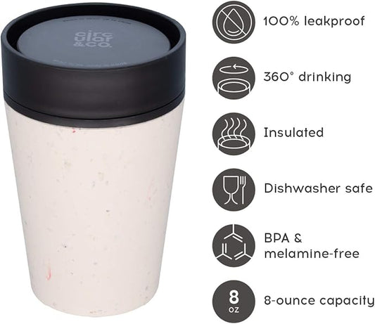 Circular and Co Leakproof Reusable Coffee Cup 8oz/227ml - The World's First Travel Mug Made from Recycled Coffee Cups, 100% Leak-Proof, Sustainable & Insulated. (Cream & Cosmic Black)