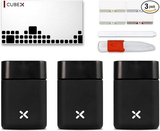 CubeX Miron UV Glass Jars, 3-Pack Airtight Storage for Herbs, Tea, Coffee, Spices & Cosmetics, Stackable with Labels, Marker and Adjustable Spoon