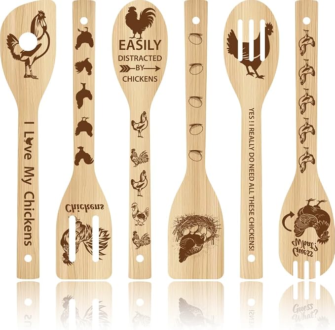 6Pcs 6 Styles Chicken Wooden Spoons for Cooking Mothers Day Rooster Gifts 11.8 x 2.4 Inch Rooster Kitchen Utensils Bamboo Set Chicken Kitchen Accessories Farmhouse Stuff Decor for Women