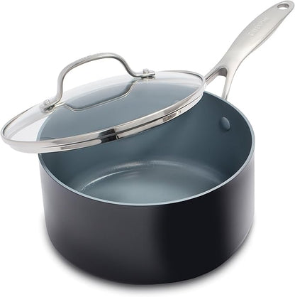 GreenPan Valencia Pro Hard Anodized Healthy Ceramic Nonstick 2QT Saucepan Pot with Lid, PFAS-Free, Induction, Dishwasher Safe, Oven Safe, Gray