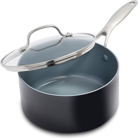 GreenPan Valencia Pro Hard Anodized Healthy Ceramic Nonstick 2QT Saucepan Pot with Lid, PFAS-Free, Induction, Dishwasher Safe, Oven Safe, Gray