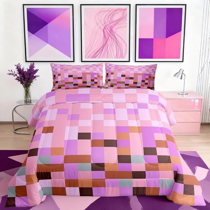 Pixel Grid Theme Comforter Set with 2 Pillowcases,Video Gaming Blocks Super Soft Microfiber Bedding Set for Adults Teens,Geometric Colorful Plaid Lattice Pink Purple Duvet Set for Room Decor,King