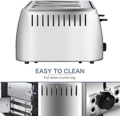 Toaster 4 Slice Stainless Steel Bagel Toaster Extra Wide Slots with 6 Browning Setting, Bagel/Reheat/Defrost/Cancel Function for Toasting Bread, Bagels and Waffles, 1500W, Silver