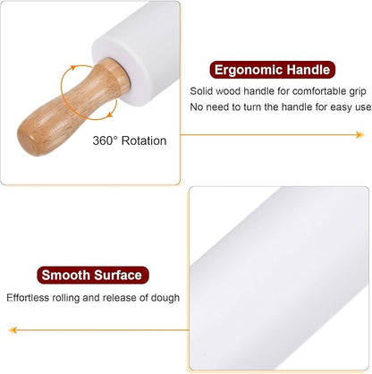 HARFINGTON Silicone Rolling Pins for Baking 12.2 Inch Non-Stick Silicone Surface Wooden Handle Rolling Pin Small Roller Playdough Rolling Pins for Fondant Kitchen Dough Pizza, White