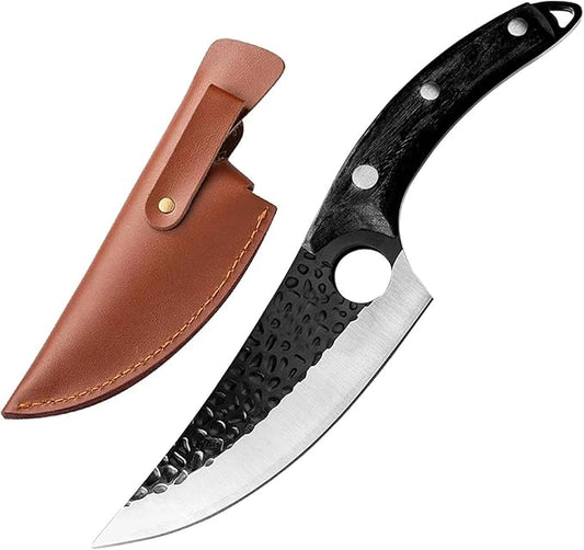 Huusk Viking Knives, Butcher Knife Black Forged Boning Knife with Sheath Japanese Fillet Meat Cleaver Knives Full Tang for Kitchen, Camping, BBQ Thanksgiving Gifts