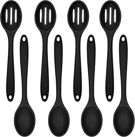 ELANE 8 Pcs Silicone Cooking Spoons Set,Mixing Spoons for Cooking Spoons for Nonstick Cookware Silicone Serving Spoons,Mixing Spoons for Cooking(Black)