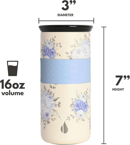 Elemental Artisan Insulated Tumbler, Triple Wall Coffee Travel Mug, Reusable Stainless Steel Coffee Tumbler with Ceramic Lid, Thermal Coffee Cups for Hot (6 Hrs) & Cold (18 Hrs), 16oz - Blue Blooms