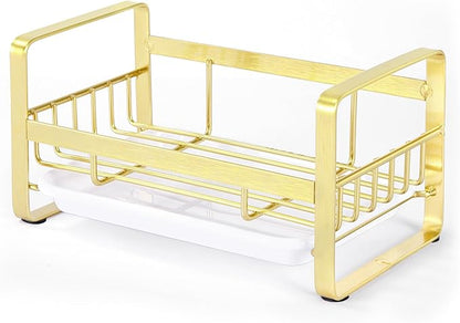 HULISEN Kitchen Sink Sponge Holder, 304 Stainless Steel Kitchen Soap Dispenser Organizer, Countertop Drainer with Removable Tray, not Including Dispenser and Brush, Gold