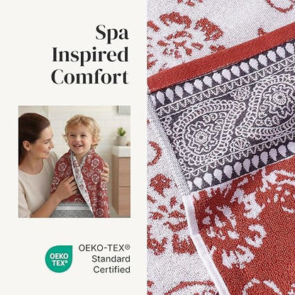 Modern Threads 6 Piece Bath Towel Set – Bathroom Set with 2 Bath Towels, 2 Hand Towels, and 2 Wash Cloths – 100% Cotton, Super Absorbent & Extra Soft – Reversible Floral Trail (Rust Orange)