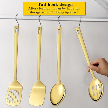 Homquen Gold Kitchen Utensils Set 4pcs, Titanium Gold Plating Stainless Steel Cooking Utensils Set, Kitchen Tools Spatulas Set, Cooking Spoons, Home Essentials Kitchen Gadgets Accessories