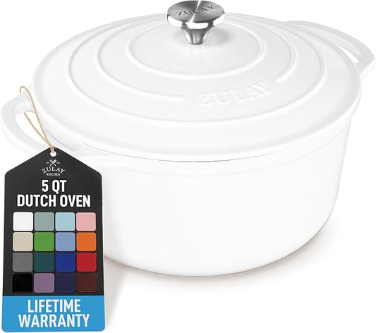 Zulay Kitchen 5 Quart Enameled Cast Iron Dutch Oven Pot with Lid – Premium Durability & Oven Safe up to 500°F – Heavy Duty Cookware Perfect for Bread Baking, Stews, Braising & Roasting – White