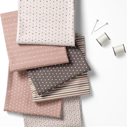 Patchwork Fabric Panel 100x155 cm, 100% Cotton Satin, 6 Coordinated Heart & Dot Patterns, Soft Blush Neutral Quilting & Sewing Fabric (Coffee Hearts, 6pcs 50x50cm)