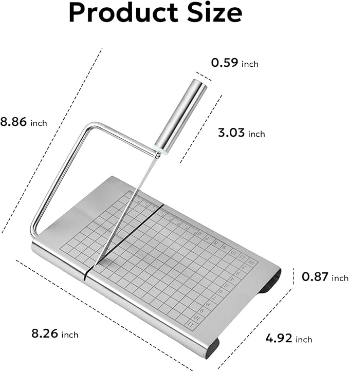 Multipurpose Stainless Steel Cheese Cutter, Bread Slicers with Precision Grid Scale and Anti Slip Base for Block Cheese, Butter, Bread, Sausages, Fruits, Kitchen Gadget Cheese Cutting Board