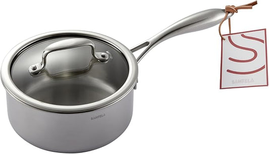 1.3 Quart Stainless Steel Saucepan with Glass Lid, 5 Ply Stainless Clad Construction, Suitable for All Cooktops, PTFE, PFAS and PFOA Free