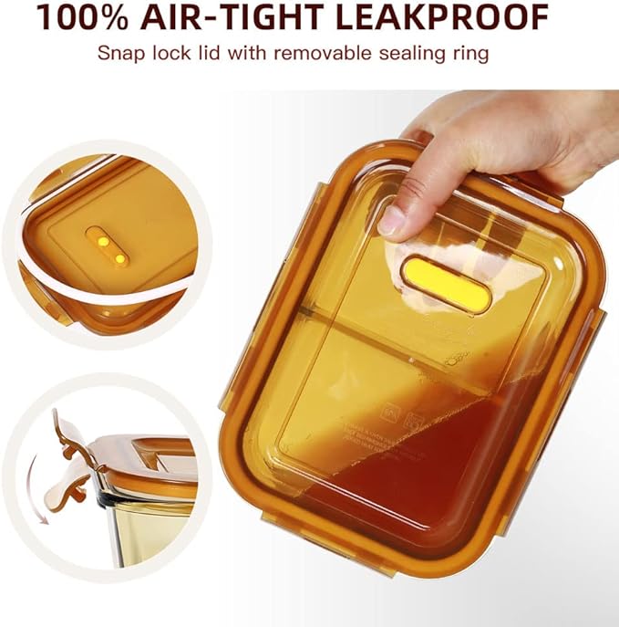 DAS TRUST 5 Pack 36oz Amber Food Storage Containers 2 Compartments Glass Meal Prep Containers with Lids Lunch Containers Adult Food Prep with Dividers