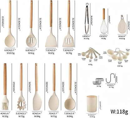 Silicone Cooking Utensils Set, 33PCS Kitchen Gadgets Tools with wooden Handle, Spoons, Spatulas, Whisk, Dishwasher Safe (Cream White, Set of 33)