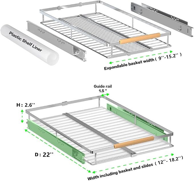 Expandable Pull Out Cabinet Drawer, Slide Out Shelves Heavy Duty Metal, Kitchen Pantry Under Sink Storage Roll Out Drawer for Pots, Pans, 22.4''Deep(3 Pack)