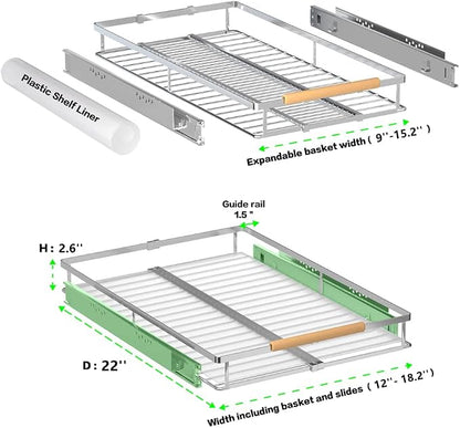 Expandable Pull Out Cabinet Drawer, Slide Out Shelves Heavy Duty Metal, Kitchen Pantry Under Sink Storage Roll Out Drawer for Pots, Pans, 22.4''Deep(3 Pack)