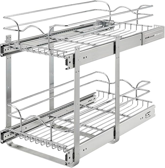 Rev-A-Shelf 2-Tier Pullout Shelf and Drawer Organizer for Kitchen Cabinets, Slide Out Storage Basket, Min Opening Width of 11.5", 12" x 22", 5WB2-1222CR-1