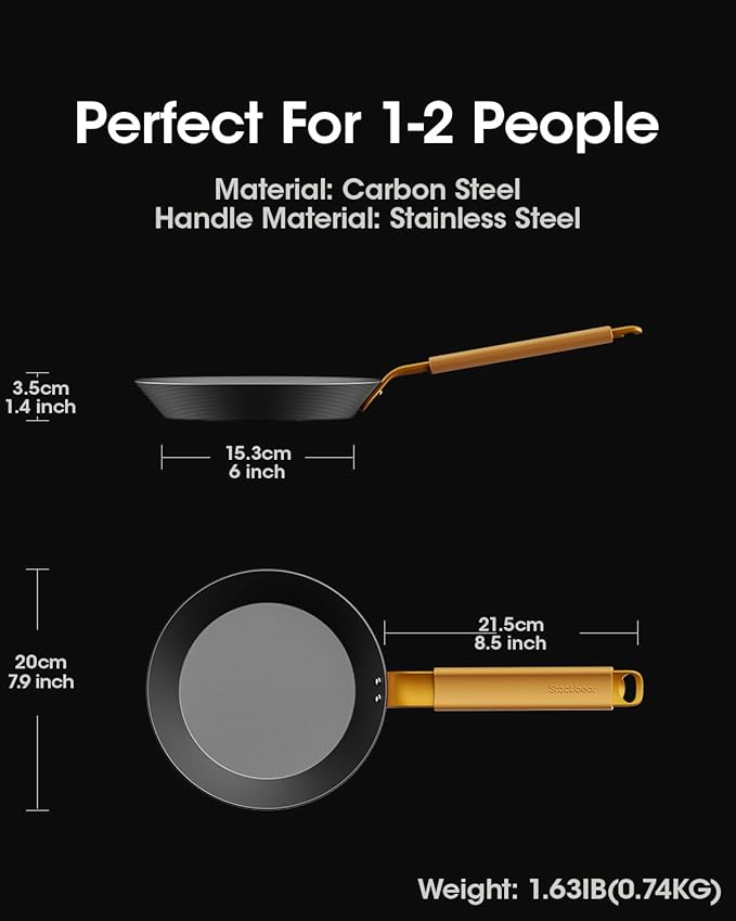 Carbon Steel Frying Pan 8 Inch, Nitrided Carbon Steel Breakfast Skillet, Preseasoned Rust Resistant Cookware, Induction & Oven Safe