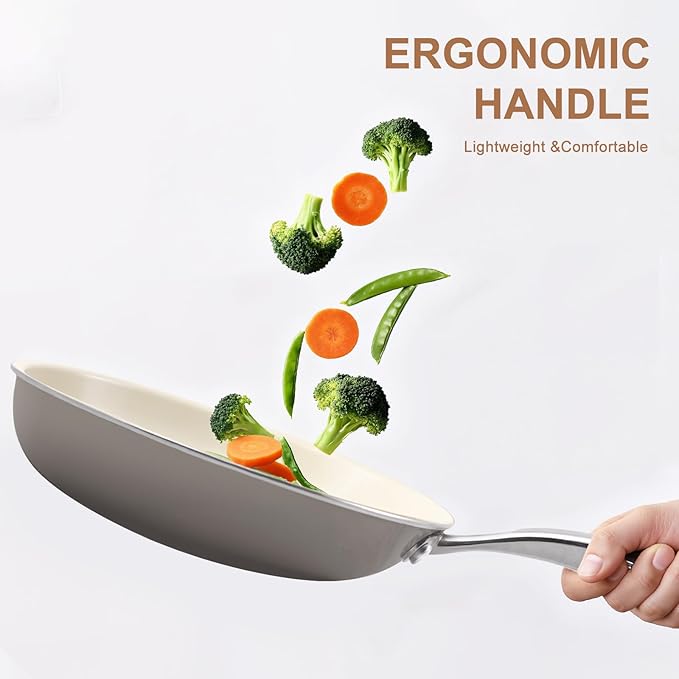 9.25 Inch Ceramic Nonstick Frying Pan with lid Skillet - PFAS-Free, Non-Toxic, Oven Safe & Induction Ready, Aluminum Cookware with Stainless Steel Handle