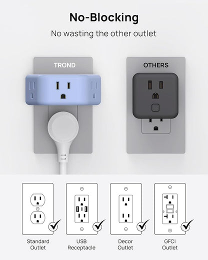 TROND Outlet Extender, 3 Way Angled Wall Plug Splitter, 3-Prong Grounded Outlet Adapter, Cruise Essentials, Compact and Practical Plug Expander for Home Decoration Travel Essentials, Blue
